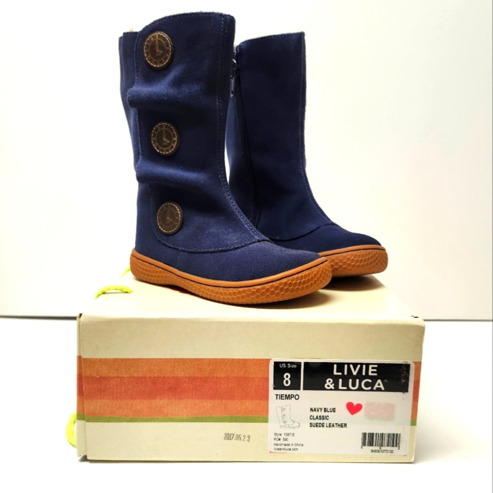 Navy Blue Suede Leather Zippered Boots by Livie & Luca